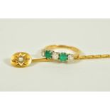 AN EARLY 20TH CENTURY FIVE STONE EMERALD AND DIAMOND RING AND A SPLIT PEARL STICKPIN, the ring