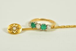 AN EARLY 20TH CENTURY FIVE STONE EMERALD AND DIAMOND RING AND A SPLIT PEARL STICKPIN, the ring
