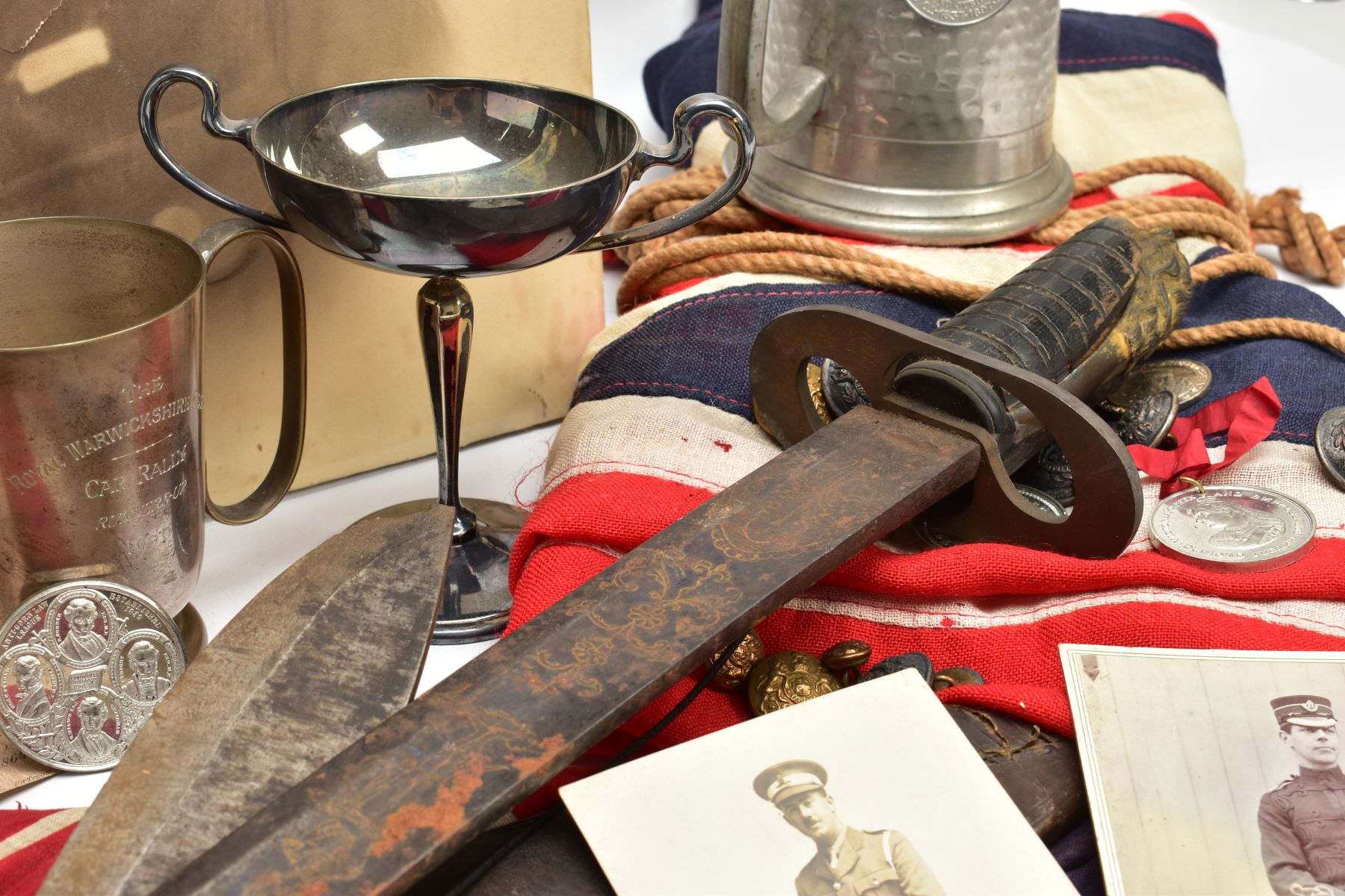 BOX OF MILITARY ITEMS TO INCLUDE, large Union Jack flag, with rope attachments, large black and - Image 19 of 19