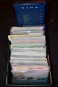 A TRAY CONTAINING APPROX NINETY SINGLES a CD boxset and two DVDs from the 1970s to 1980s artists