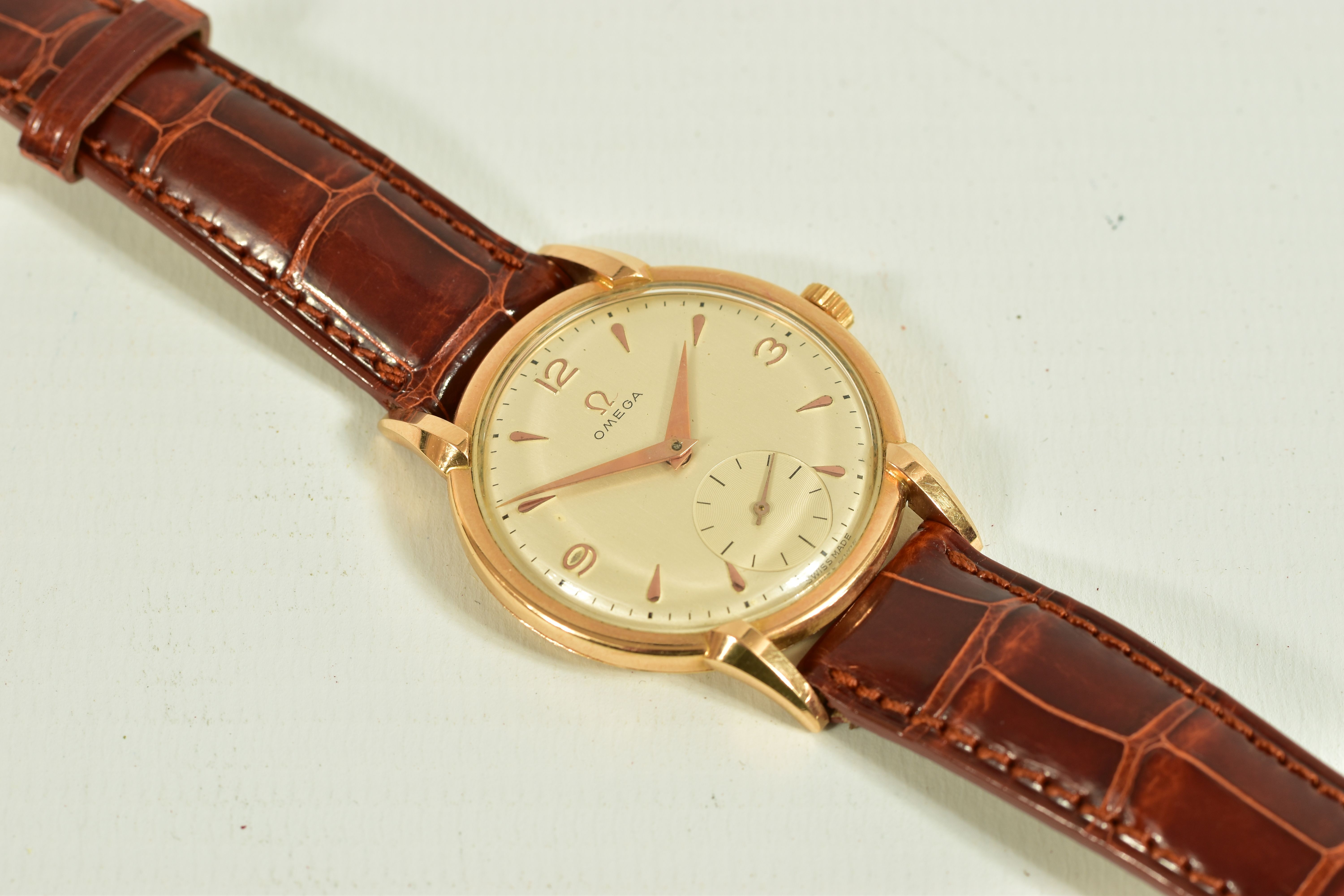 AN 18CT GOLD OMEGA WRISTWATCH, silvered dial with mixed hour markers, subsidiary dial at six o' - Image 4 of 8