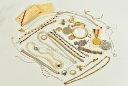 A SELECTION OF JEWELLERY ETC, to include a yellow-coloured metal line bracelet, set with oval cut