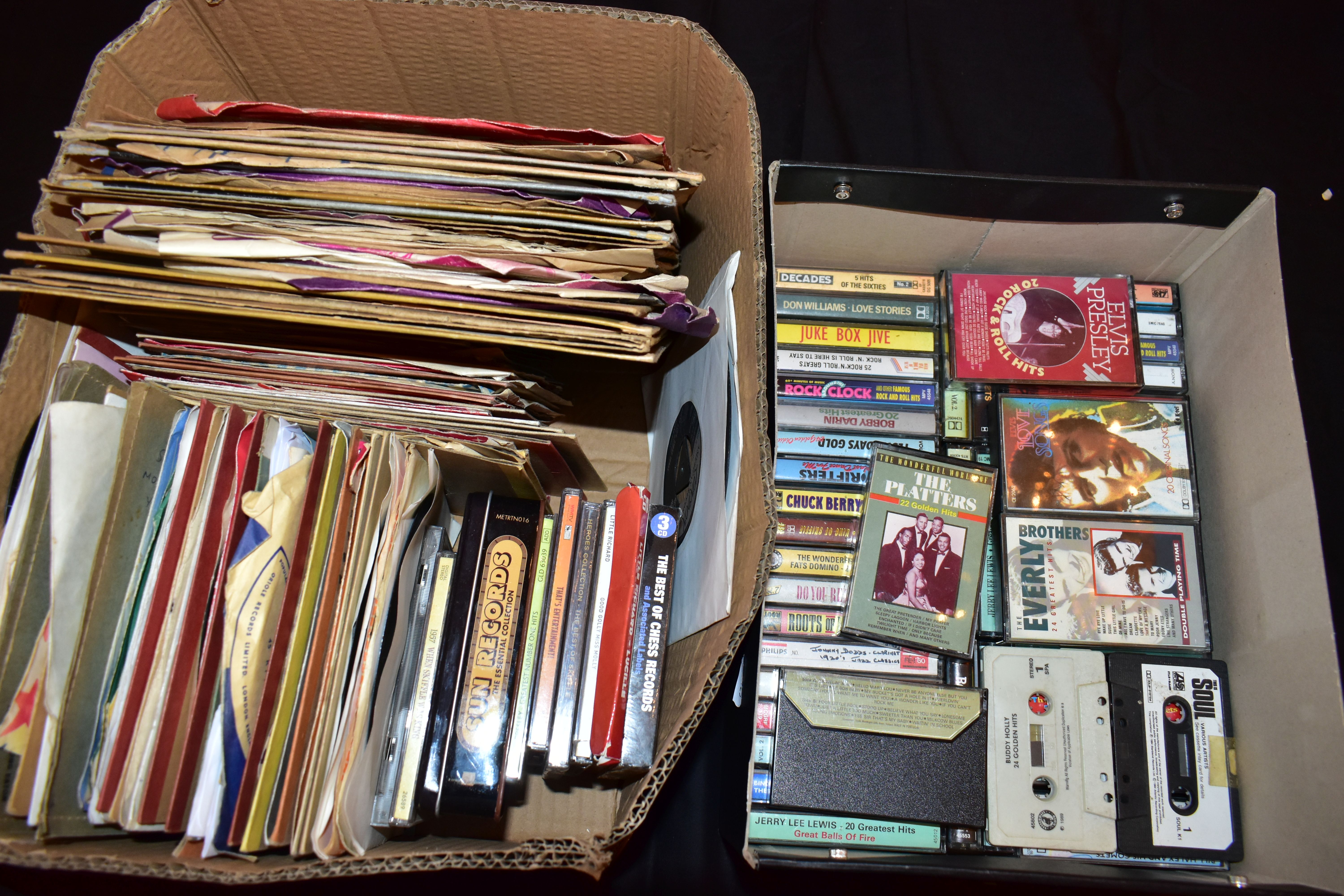 TWO TRAYS CONTAINING 78s, SINGLES, CDs, AND CASSETTE TAPES mostly from the 1950s and 60s including