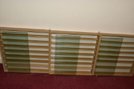 THREE MODERN GLASS FRONTED WOODEN WALL MOUNTED DISPLAY CABINETS, with adjustable shelves, all appear