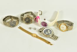 A BOX OF SIX WRISTWATCHES AND A PAIR OF EARRINGS, the watches included are a Seiko titanium, blue