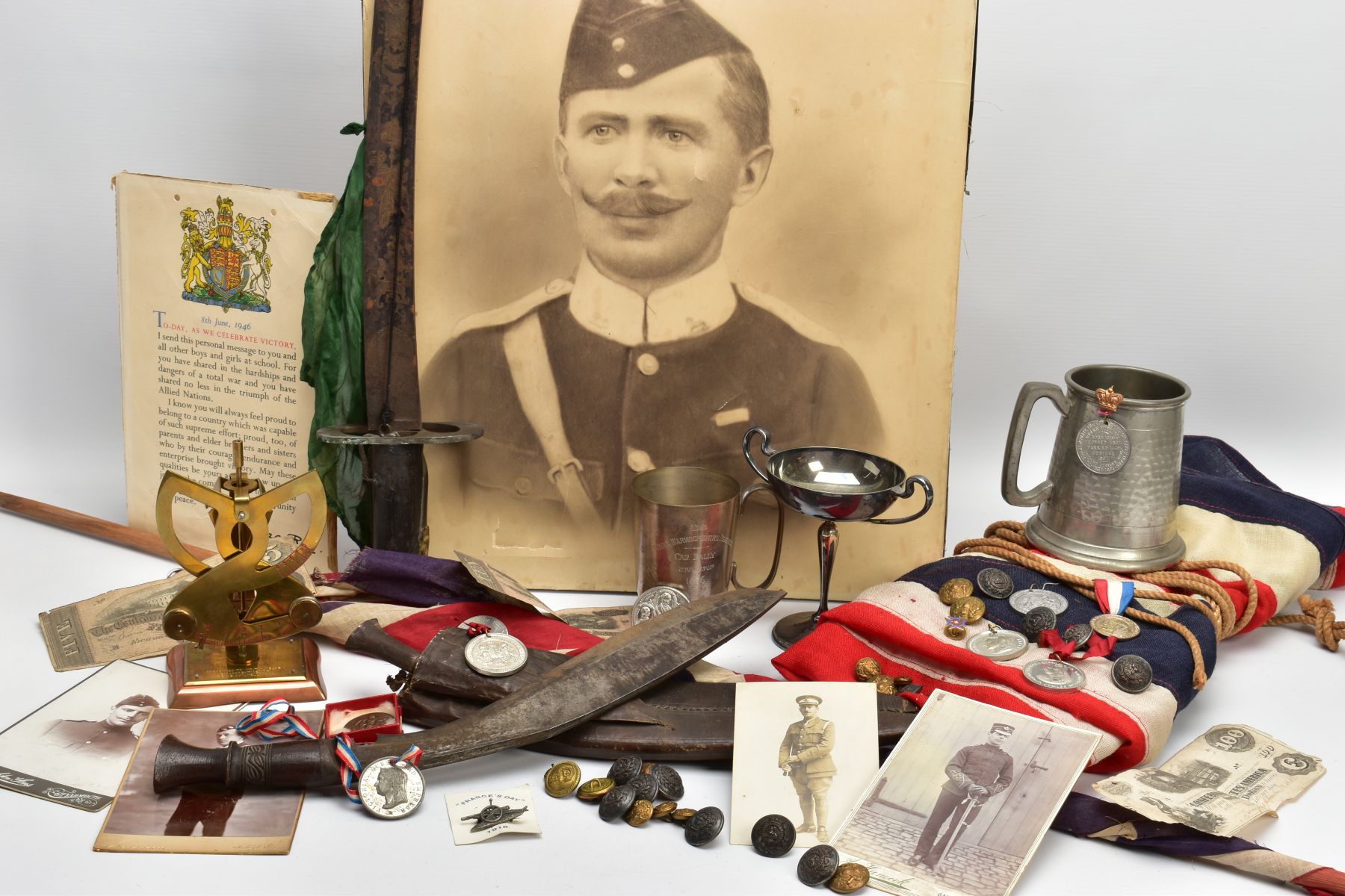 BOX OF MILITARY ITEMS TO INCLUDE, large Union Jack flag, with rope attachments, large black and - Image 2 of 19