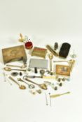 A BOX OF ASSORTED ITEMS, to include two silver thimbles, each with hallmarks for Birmingham, a