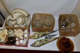 FOUR BOXES AND LOOSE GLASSWARE AND CERAMICS, to include three Murano splatter glass fish, longest