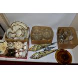 FOUR BOXES AND LOOSE GLASSWARE AND CERAMICS, to include three Murano splatter glass fish, longest