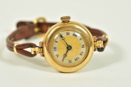 TWO EARLY 20TH CENTURY GOLD HEAD WRISTWATCHES, both with circular heads, black Roman numerals, one