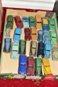 A QUANTITY OF UNBOXED AND ASSORTED PLAYWORN DINKY TOYS CARS, majority are early post war and 1950'