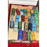 A QUANTITY OF UNBOXED AND ASSORTED PLAYWORN DINKY TOYS CARS, majority are early post war and 1950'