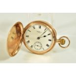 A FULL HUNTER 9CT WALTHAM POCKET WATCH, white dial with roman numerals, subsidiary seconds dial to