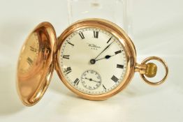 A FULL HUNTER 9CT WALTHAM POCKET WATCH, white dial with roman numerals, subsidiary seconds dial to