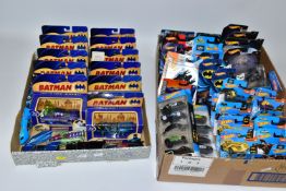 A QUANTITY OF BOXED MATTEL HOT WHEELS, MATCHBOX AND CORGI CLASSICS BATMAN VEHICLES, all the Mattel