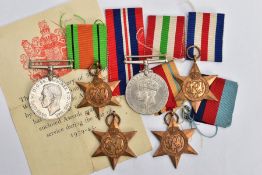 GROUP OF SIX WORLD WAR TWO MEDALS, including 1939-45, Africa, Italy, France & Germany Stars, Defence