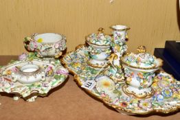 THREE PIECES OF MID 19TH CENTURY COALBROOKDALE STYLE FLORAL ENCRUSTED PORCELAIN, comprising a wavy