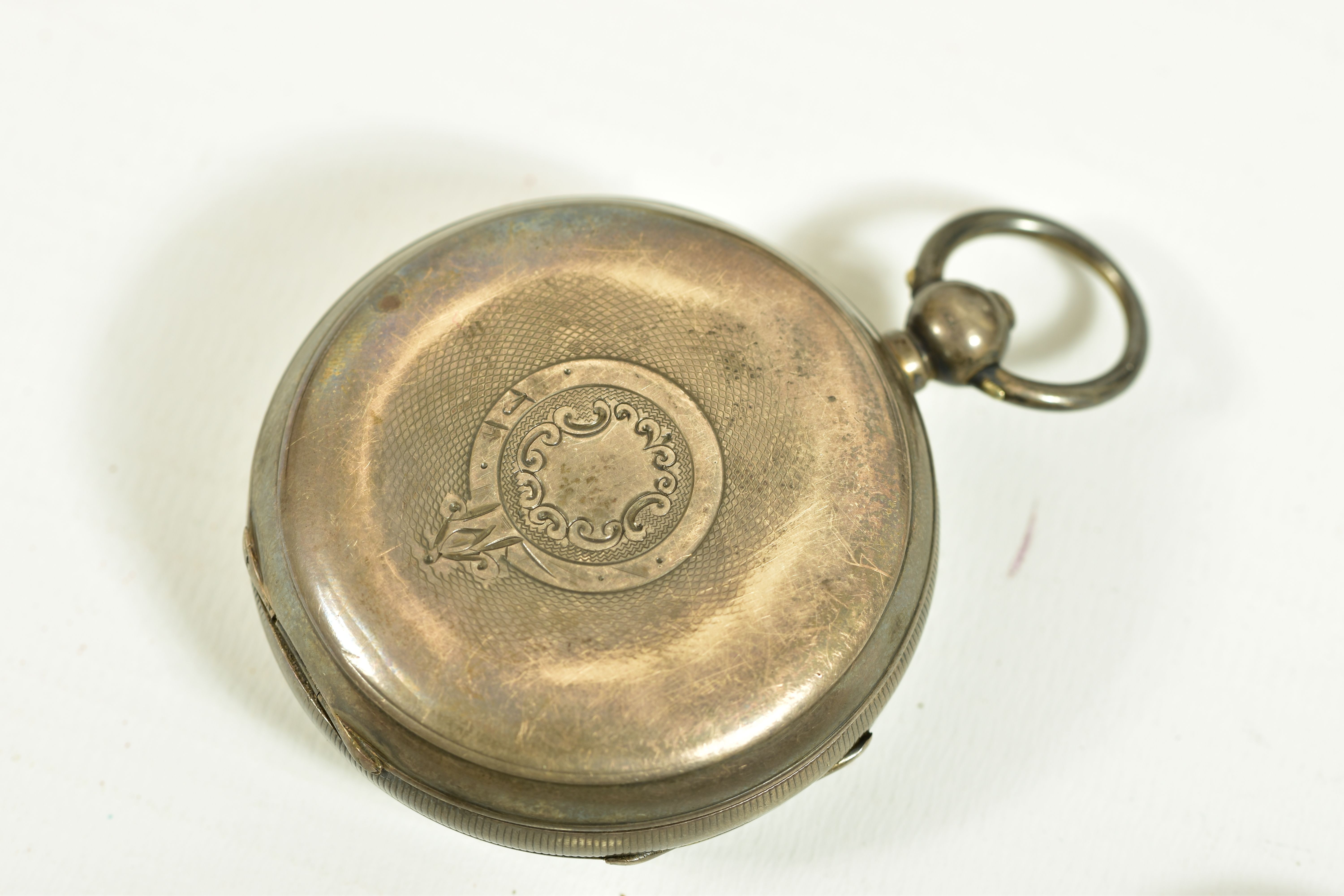 A STERLING SILVER OPEN FACED POCKET WATCH, white dial with roman numeral markers, subsidiary dial to - Image 3 of 9