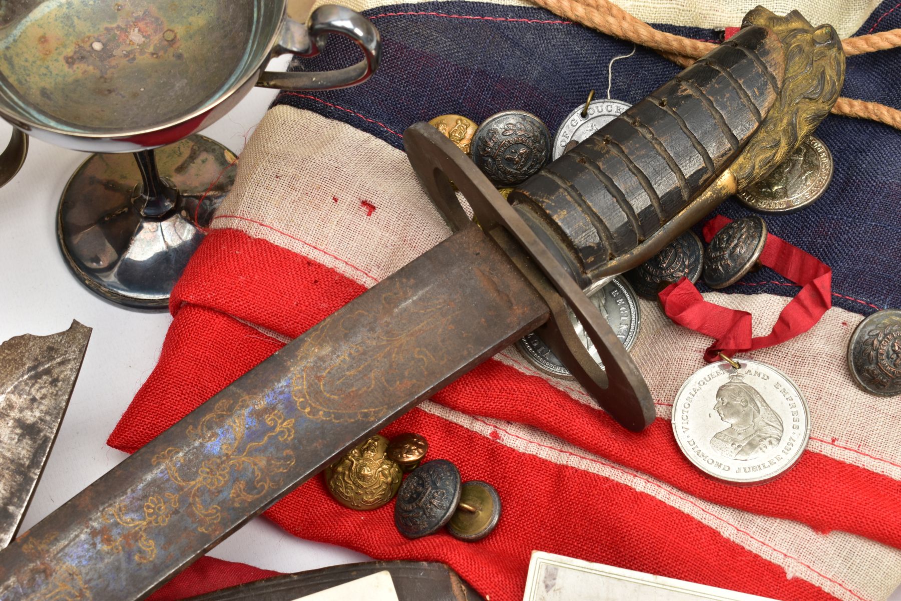 BOX OF MILITARY ITEMS TO INCLUDE, large Union Jack flag, with rope attachments, large black and - Image 16 of 19