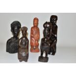 FIVE VARIOUS TRIBAL CARVED WOODEN FIGURES/BUST, to include four of dark wood, height of bust 29cm