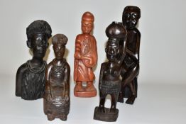 FIVE VARIOUS TRIBAL CARVED WOODEN FIGURES/BUST, to include four of dark wood, height of bust 29cm