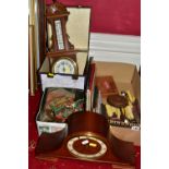 THREE SMALL BOXES/TIN AND LOOSE SUNDRY ITEMS ETC, to include a Franz Hermle mantle clock (key), an