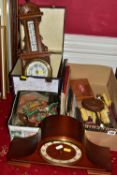 THREE SMALL BOXES/TIN AND LOOSE SUNDRY ITEMS ETC, to include a Franz Hermle mantle clock (key), an