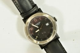 A RAYMOND WEIL PARSIFAL QUARTZ WRISTWATCH, black dial, arabic numerals, date window at three o'