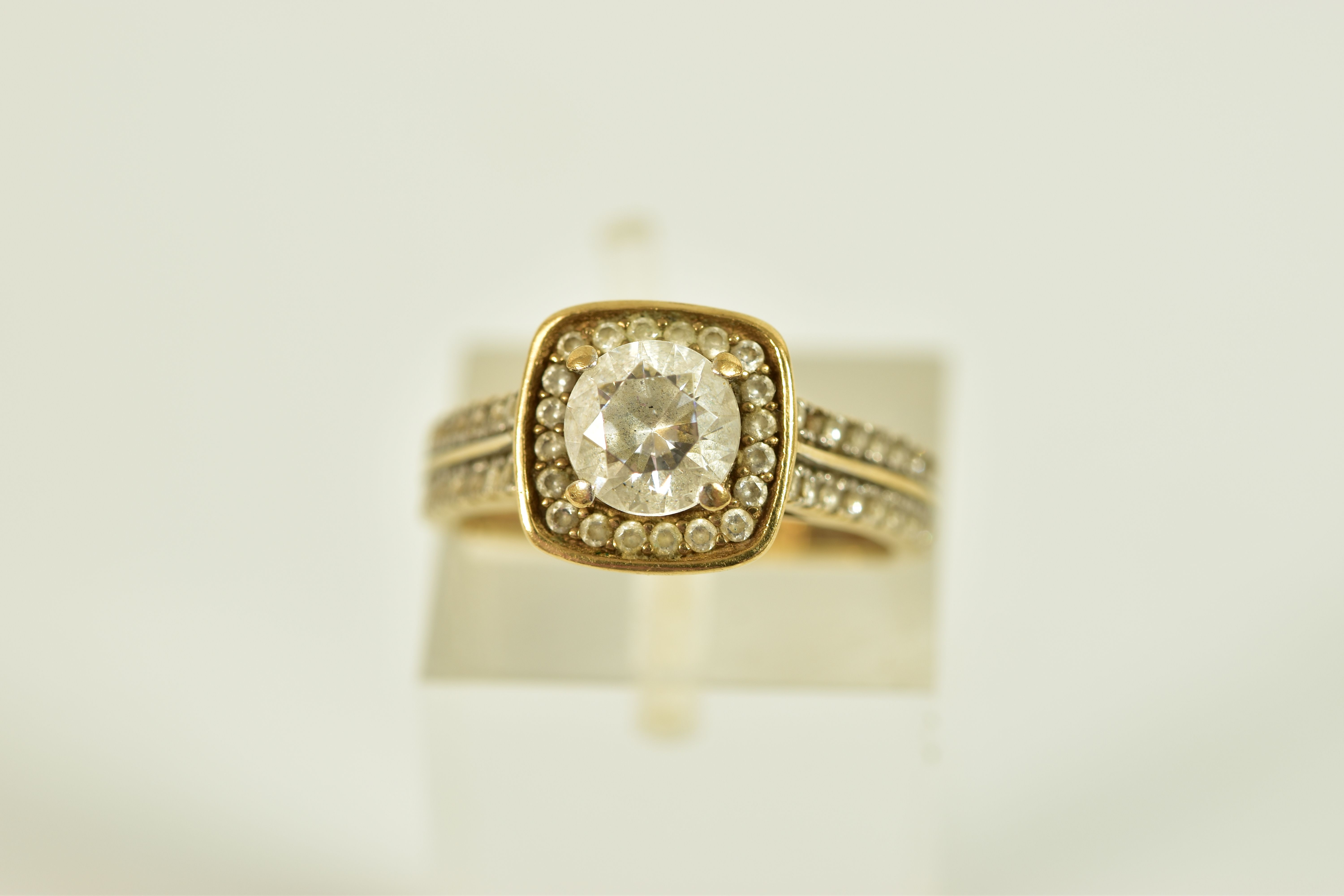 A 9CT GOLD CUBIC ZIRCONIA SET RING, designed with a central four claw set, circular cut, - Image 2 of 4