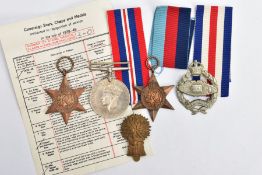 WORLD WAR TWO BOXED MEDALS AND CAP BADGES, to include 1939-45, France & Germany Stars & War Medal in