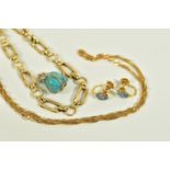 FOUR ITEMS OF JEWELLERY, to include a 9ct gold fancy link bracelet, fitted with a lobster claw