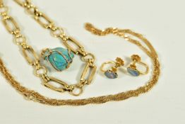 FOUR ITEMS OF JEWELLERY, to include a 9ct gold fancy link bracelet, fitted with a lobster claw