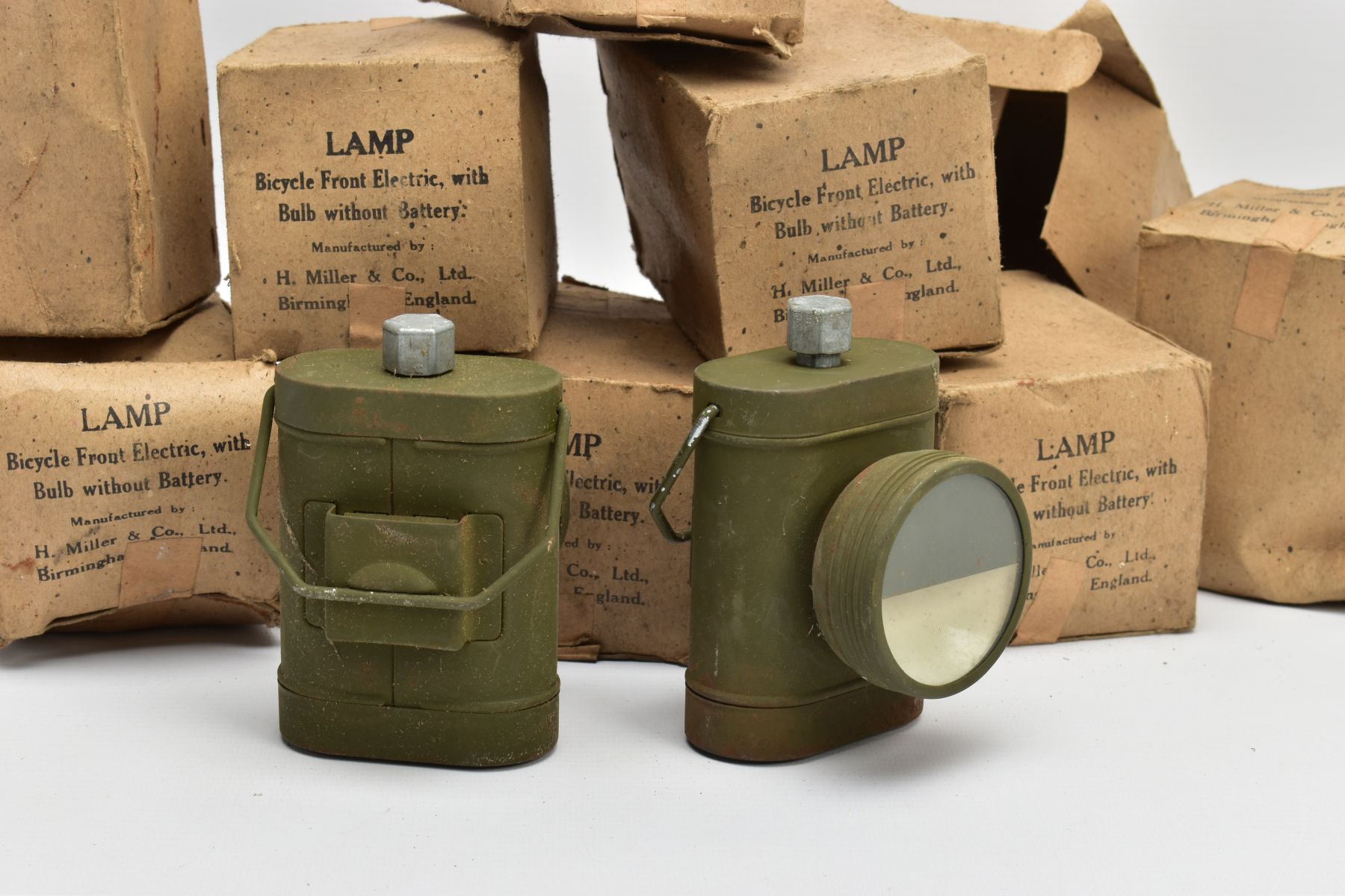 BOX CONTAINING TEN WORLD WAR TWO PERIOD Bicycle lamps boxed, new old stock, for use at night where - Image 2 of 3