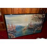 A LARGE FRAMED SILK PICTURE, oriental river scene, indistinctly signed (BGgunawan), size overall