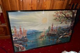 A LARGE FRAMED SILK PICTURE, oriental river scene, indistinctly signed (BGgunawan), size overall