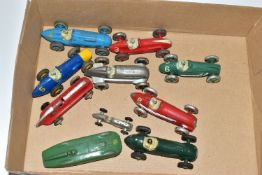 A QUANTITY OF UNBOXED AND ASSORTED PLAYWORN DINKY TOYS RACING CARS, assorted 23 series cars to