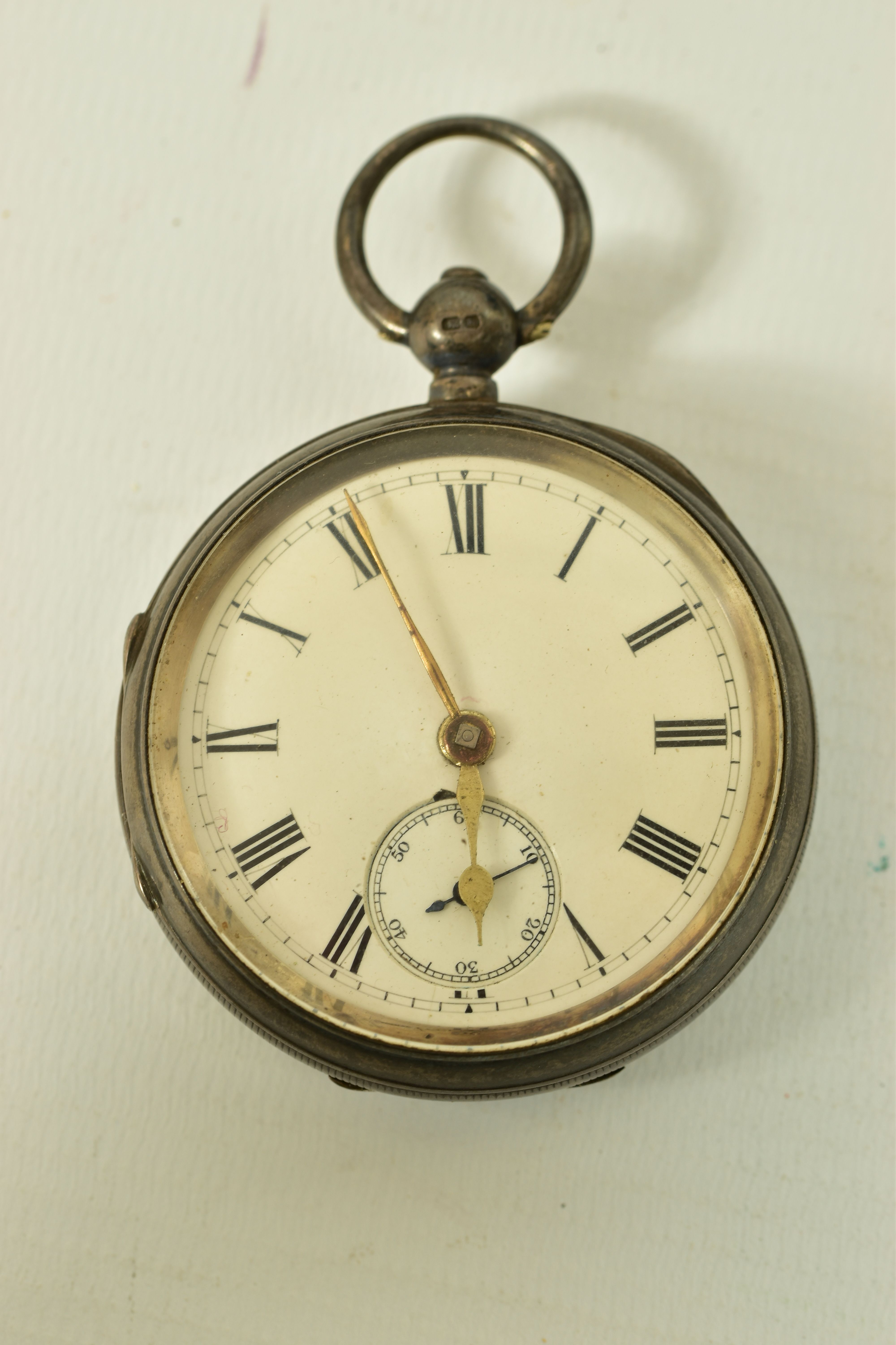 A STERLING SILVER OPEN FACED POCKET WATCH, white dial with roman numeral markers, subsidiary dial to - Image 2 of 9