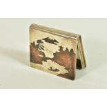 A WHITE METAL JAPANESE STYLE BOX, hinged square box, depicting a tri-coloured oriental river and