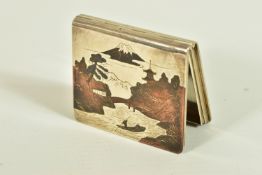 A WHITE METAL JAPANESE STYLE BOX, hinged square box, depicting a tri-coloured oriental river and