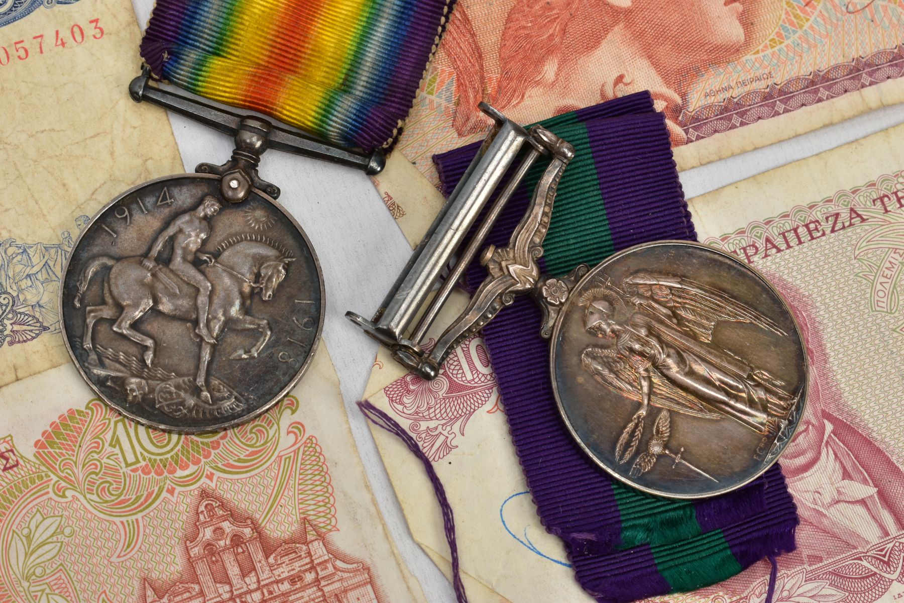 BOX CONTAINING MEDALS, KUKARI KNIVES, NOTES COINS ETC to include, WW1 British War medal named - Image 6 of 10