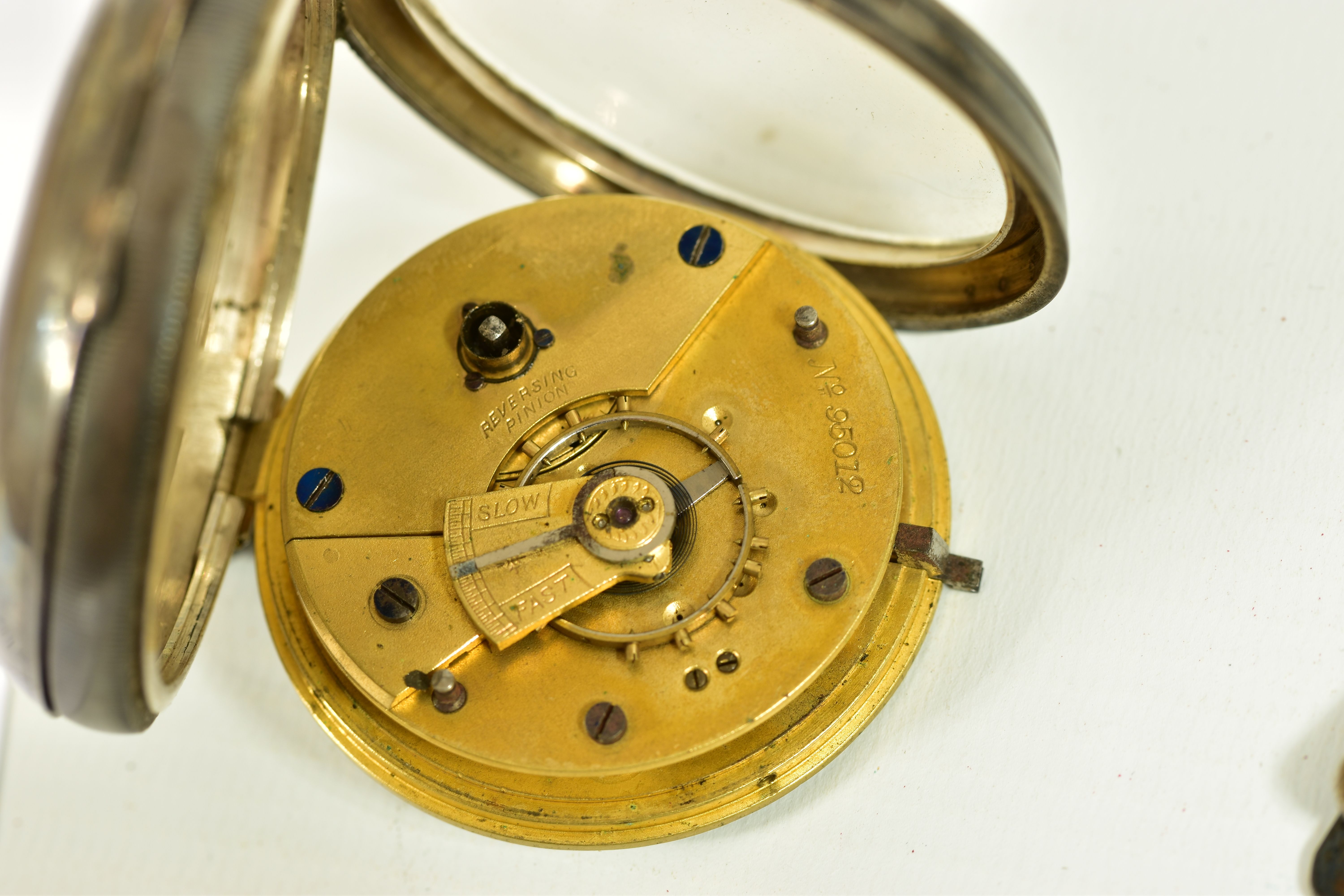 A STERLING SILVER OPEN FACED POCKET WATCH, white dial with roman numeral markers, subsidiary dial to - Image 5 of 9