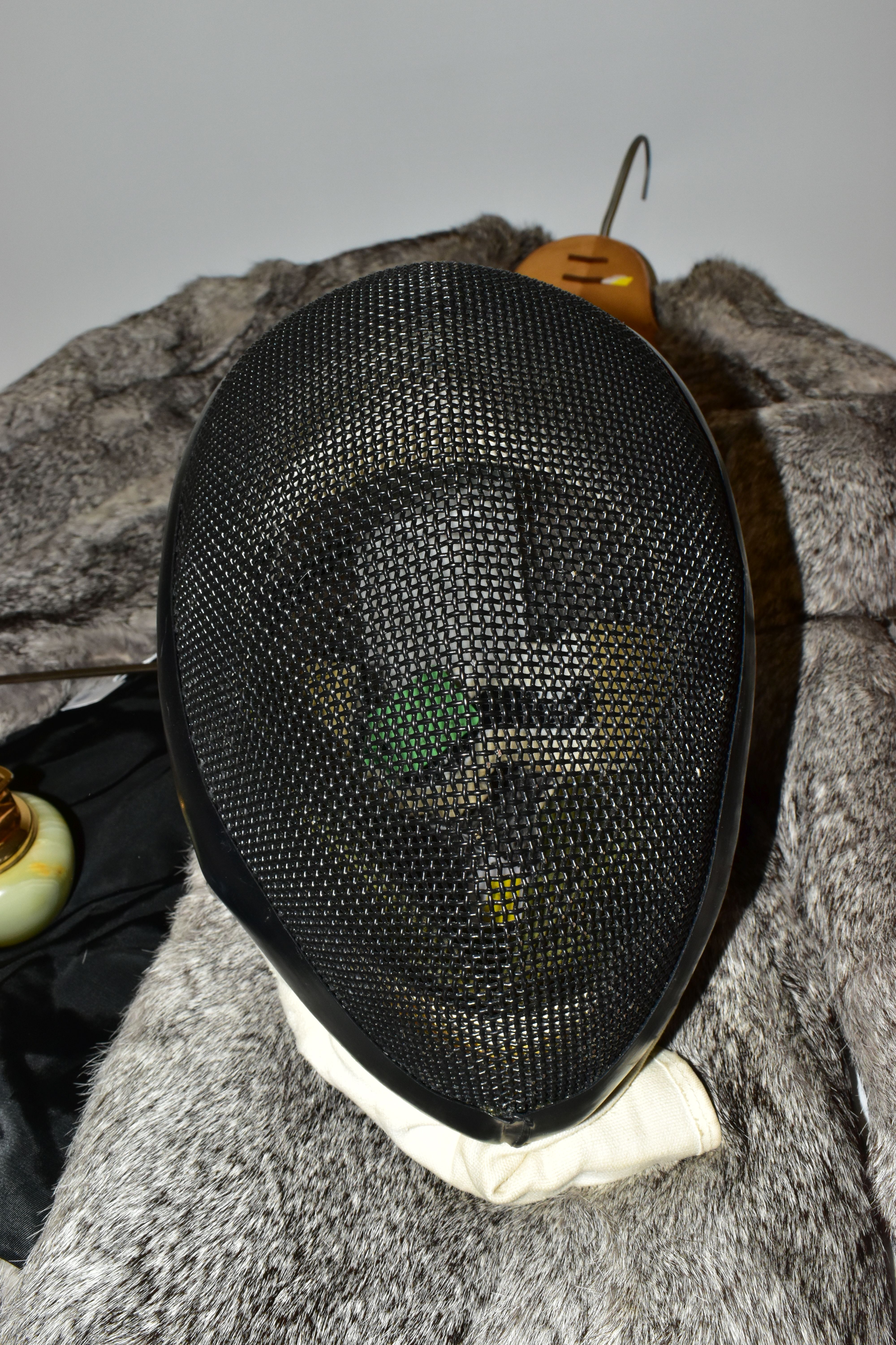 A FLECKED GREY CONEY FUR JACKET, size 14, together with a Paul fencing helmet and three fencing - Image 5 of 8
