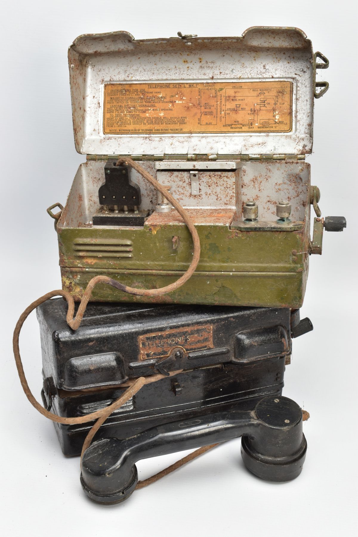 TWO MILITARY METAL BOXED TELEPHONE SETS, type L mkI, one is painted green, one may have been - Image 4 of 6