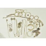 A BAG OF ASSORTED SILVER AND WHITE METAL JEWELLERY, to include a silver charm bracelet suspending