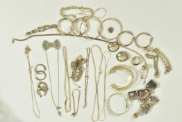 A BAG OF ASSORTED SILVER AND WHITE METAL JEWELLERY, to include a silver charm bracelet suspending