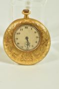 A SWISS TOP-WOUND 18CT POCKET WATCH, smaller round discoloured dial with Arabic numerals and a