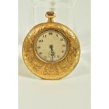 A SWISS TOP-WOUND 18CT POCKET WATCH, smaller round discoloured dial with Arabic numerals and a