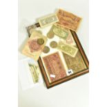 A BOX CONTAINING A FRAMED DISPLAY OF 1940s BANKNOTES BOUGHT BACK FROM THE 2nd WW, A three coin