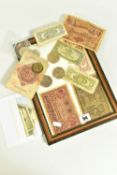 A BOX CONTAINING A FRAMED DISPLAY OF 1940s BANKNOTES BOUGHT BACK FROM THE 2nd WW, A three coin