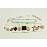 A BAG OF ASSORTED JEWELLERY ITEMS, to include a silver mounted jade pendant, fitted with a tapered